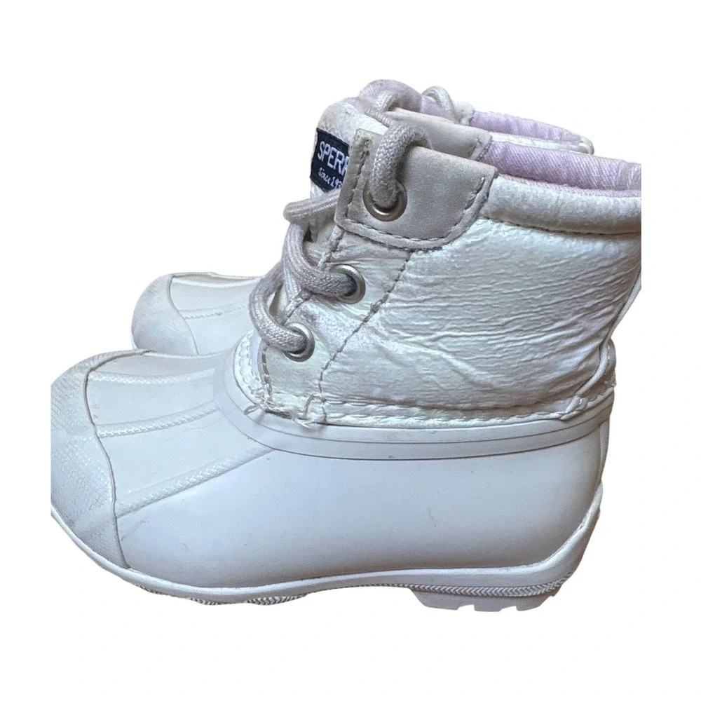 Sperry Saltwater Duck Boots Kids White Shimmer Waterproof‎ Rain Boots SIZE 7M